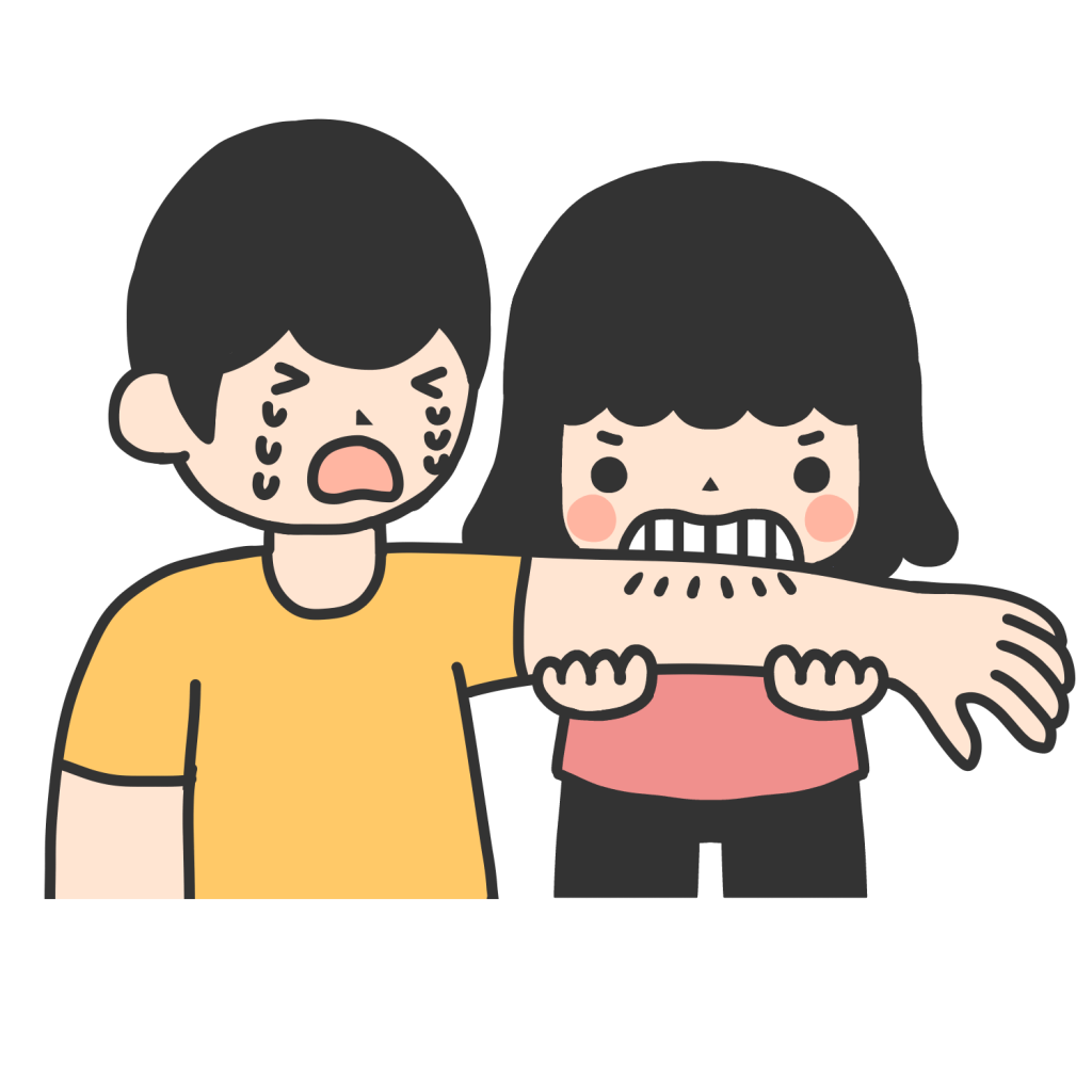 人の腕をかむ女の子